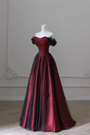 Black And Red Off Shoulder Satin Long Prom Dress, Off The Shoulder Party Dress KPP2164
