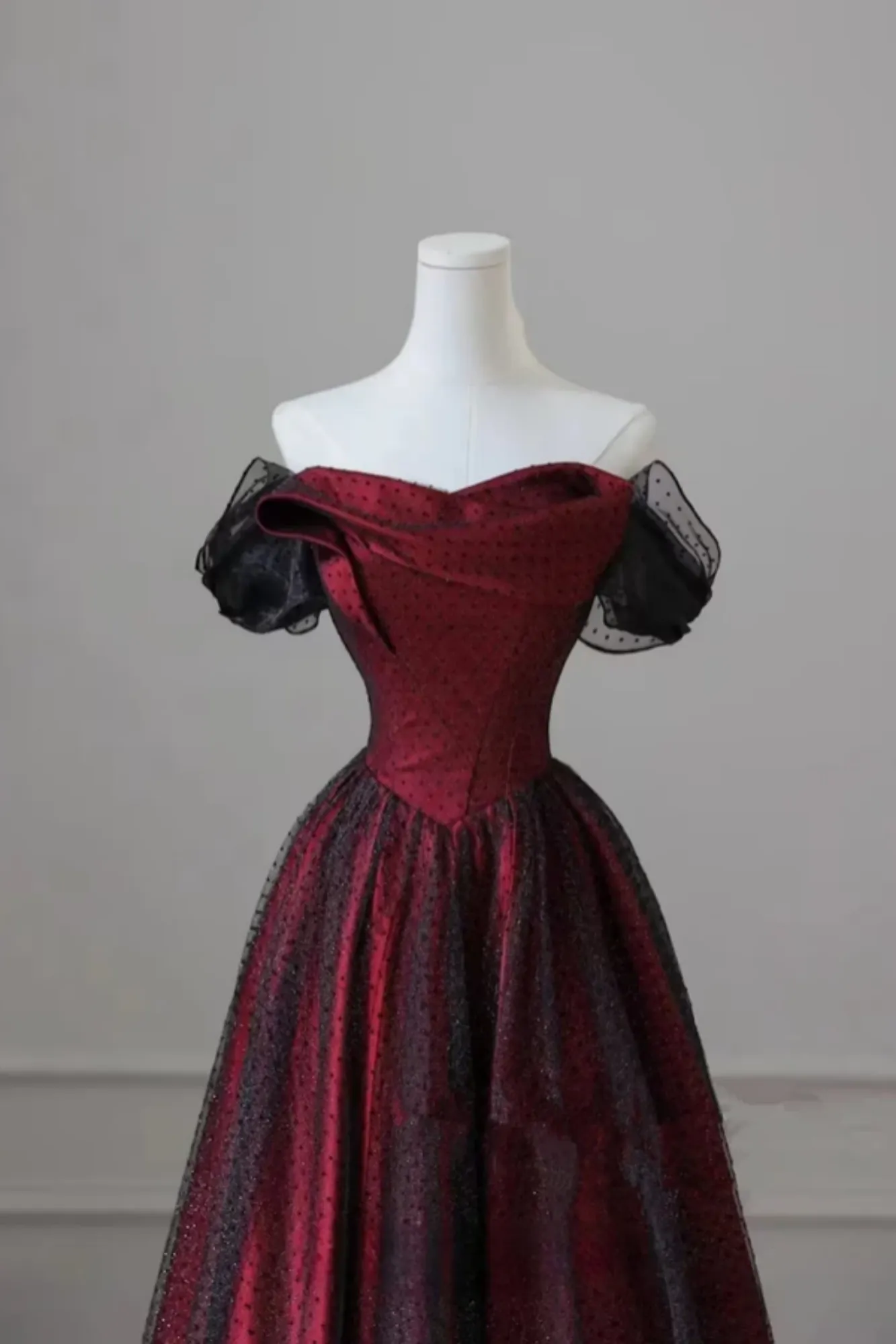 Black And Red Off Shoulder Satin Long Prom Dress, Off The Shoulder Party Dress KPP2164