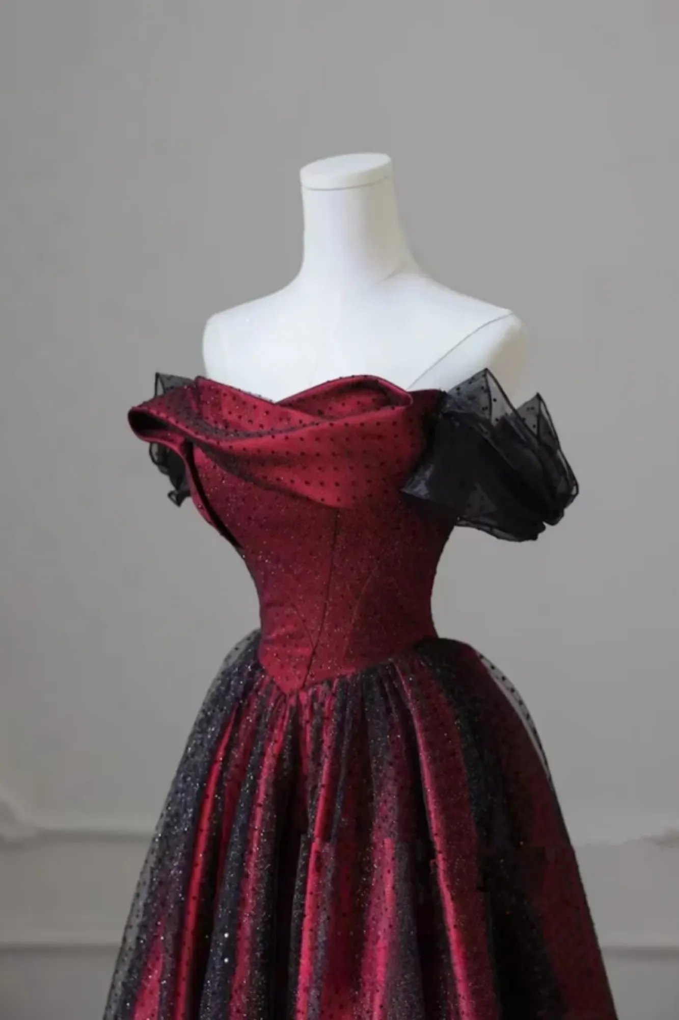 Black And Red Off Shoulder Satin Long Prom Dress, Off The Shoulder Party Dress KPP2164