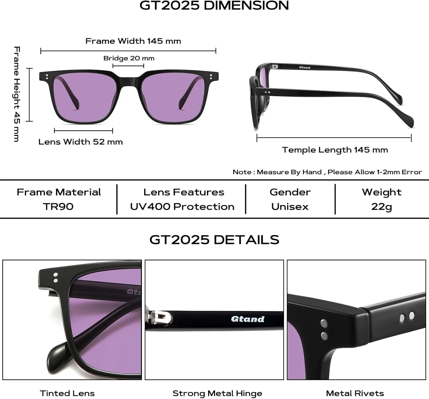 Gtand Unisex Vintage Retro Square Style Tinted Sunglasses For Men Women Fashion Rectangle Sun Glasses 52mm