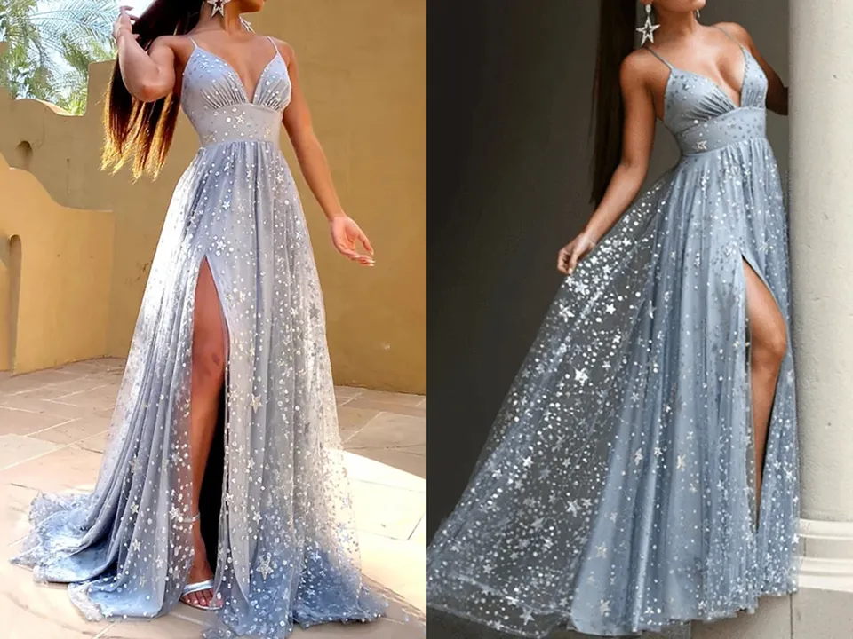 Kateprom A Line Glittering Sexy Engagement Prom Dress V Neck Sleeveless Sequin Split Evening Dress KPP1455