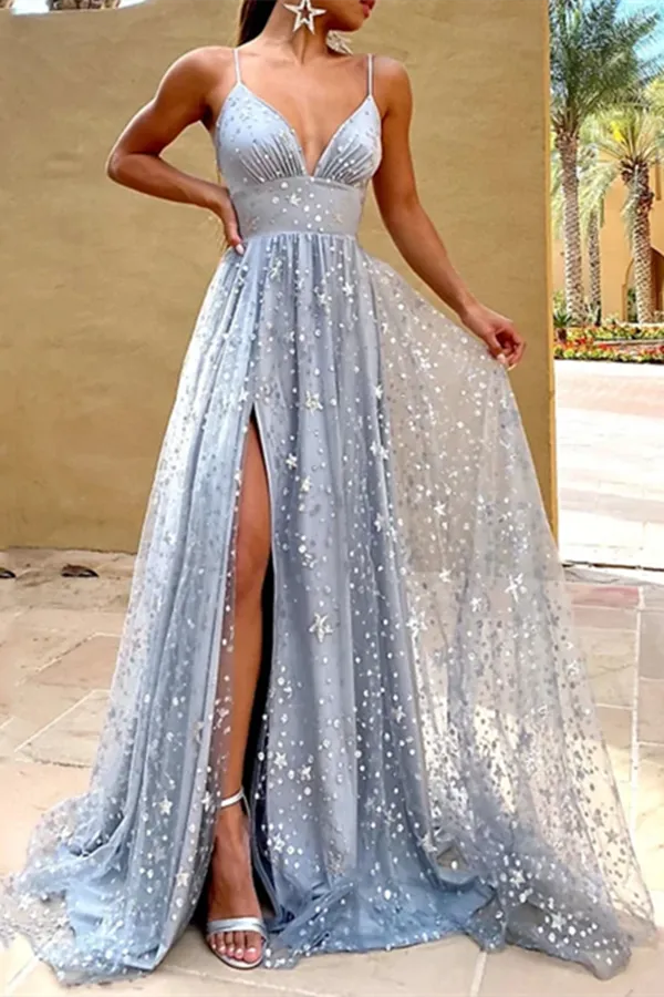 Kateprom A Line Glittering Sexy Engagement Prom Dress V Neck Sleeveless Sequin Split Evening Dress KPP1455