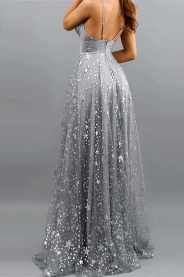 Kateprom A Line Glittering Sexy Engagement Prom Dress V Neck Sleeveless Sequin Split Evening Dress KPP1455