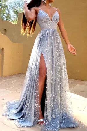 Kateprom A Line Glittering Sexy Engagement Prom Dress V Neck Sleeveless Sequin Split Evening Dress KPP1455