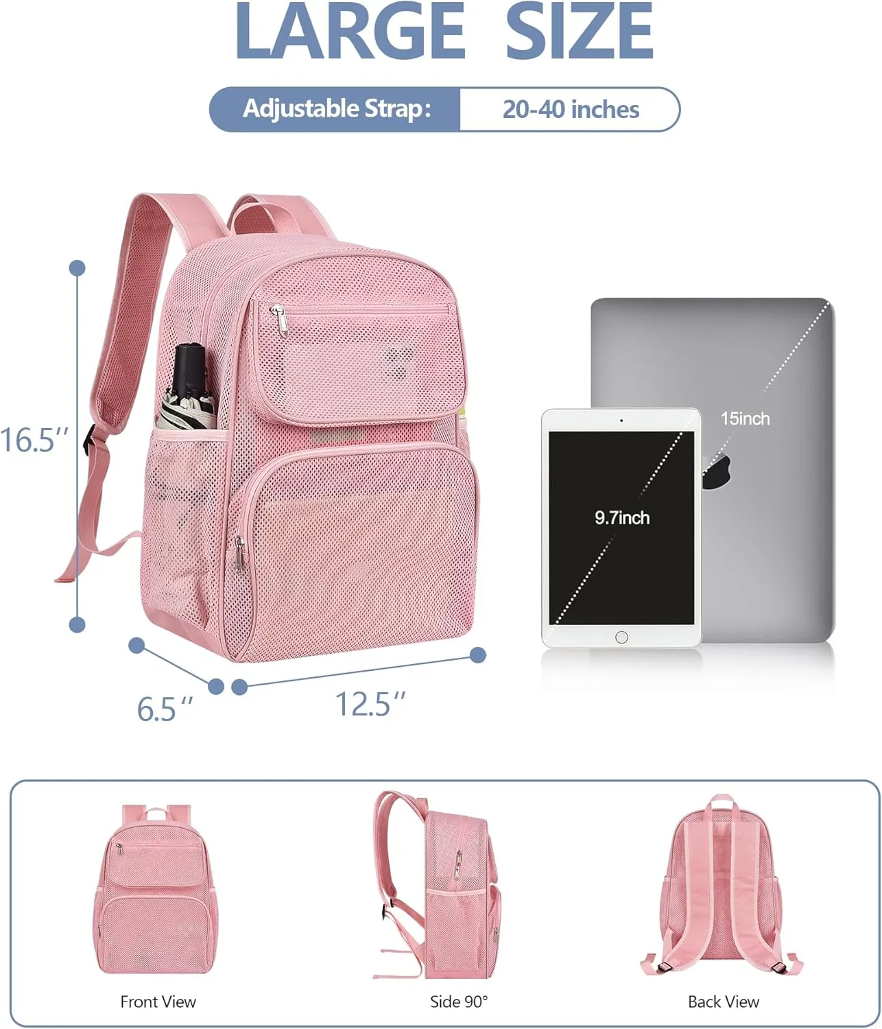 Mesh Backpack with Inner Compartment, Large Heavy Duty Mesh Bag with Padded Shoulder Straps for Travel Swimming Hiking Beach - Princess Pink